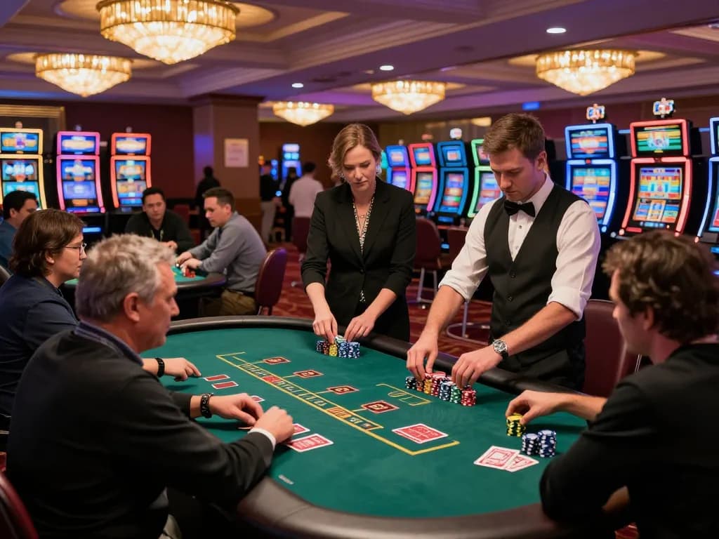 Sky88 players engaging at blackjack tables in a vibrant casino atmosphere, showcasing strategic gameplay