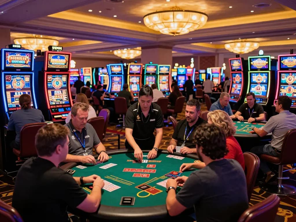 Players enjoying F168 blackjack at a vibrant Las Vegas casino, highlighting strategic gameplay.