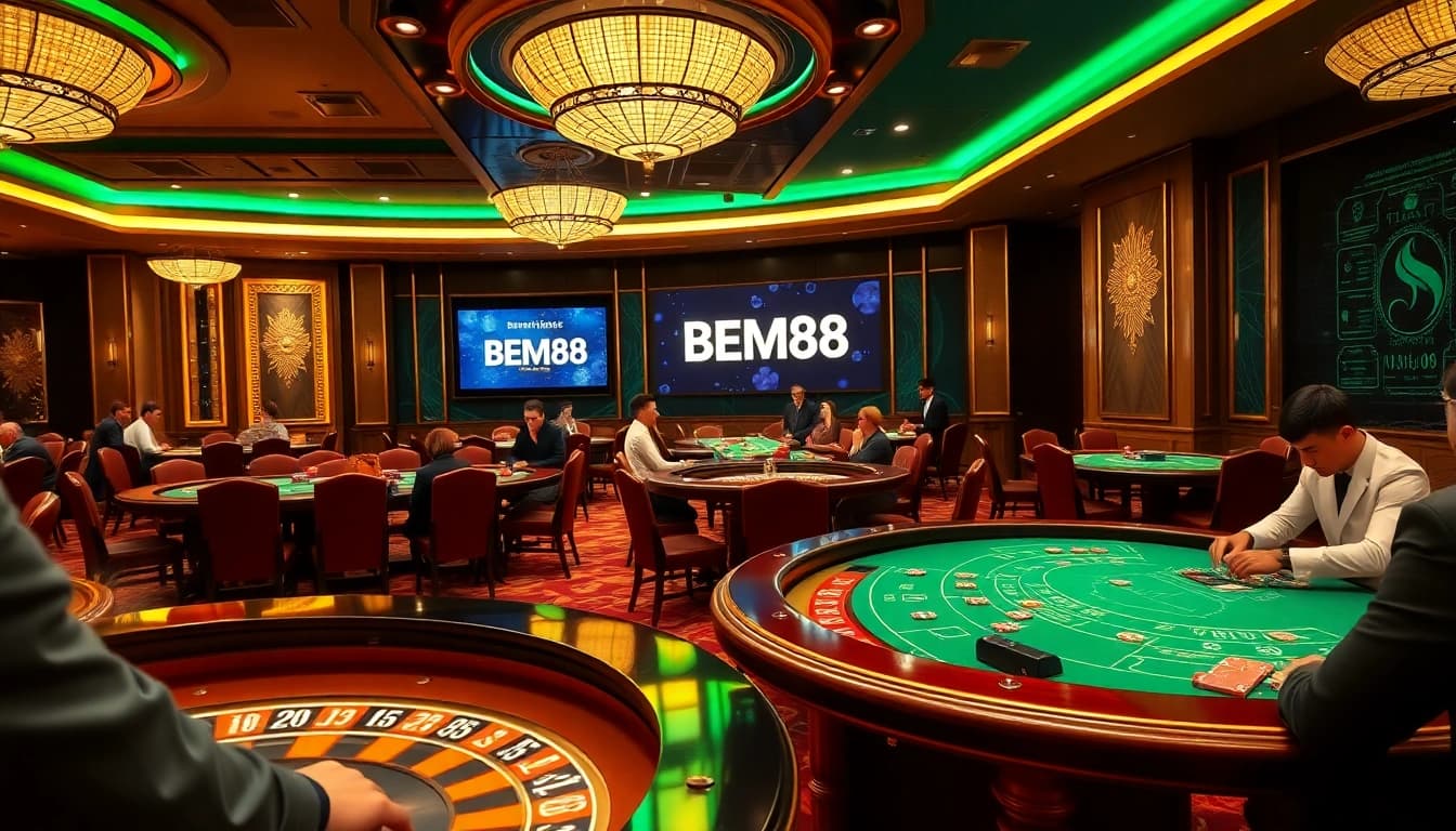 BEM88 casino players engaging at stylish roulette table in a vibrant environment.