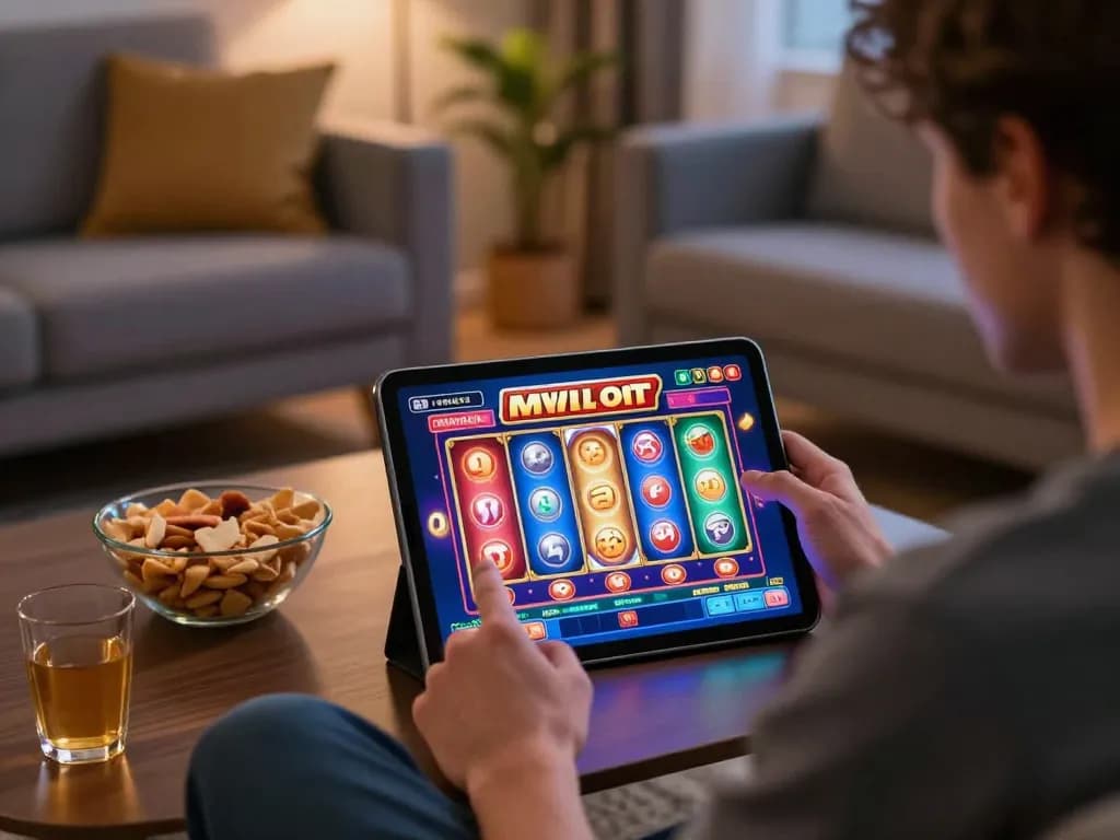 Pemain menikmati slot online di tablet mereka di rumah, berinteraksi dengan antarmuka permainan jus77
