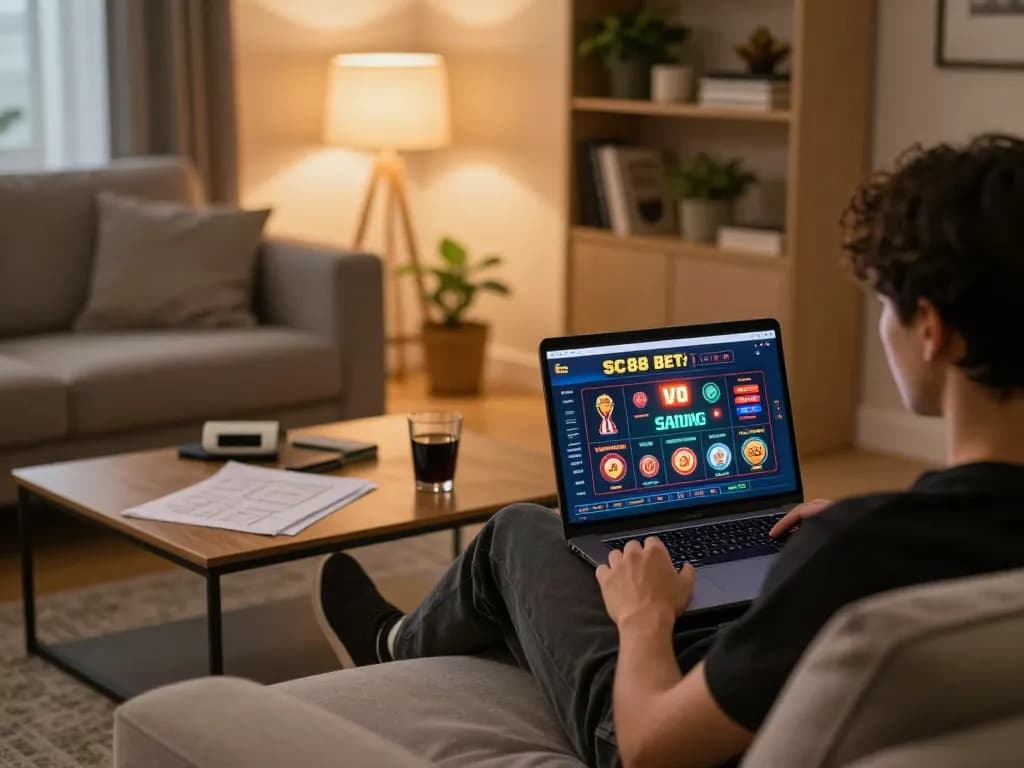 Engaging in SC88 BET online gaming with a cozy home environment featuring laptop and strategy notes