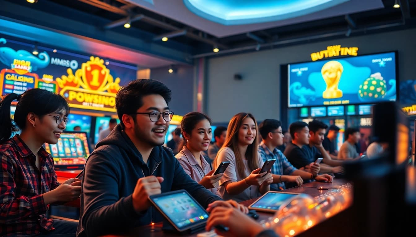 Exciting MM88 online gaming scene with players enjoying various games in a luxurious interface, showcasing esports and casino thrills.