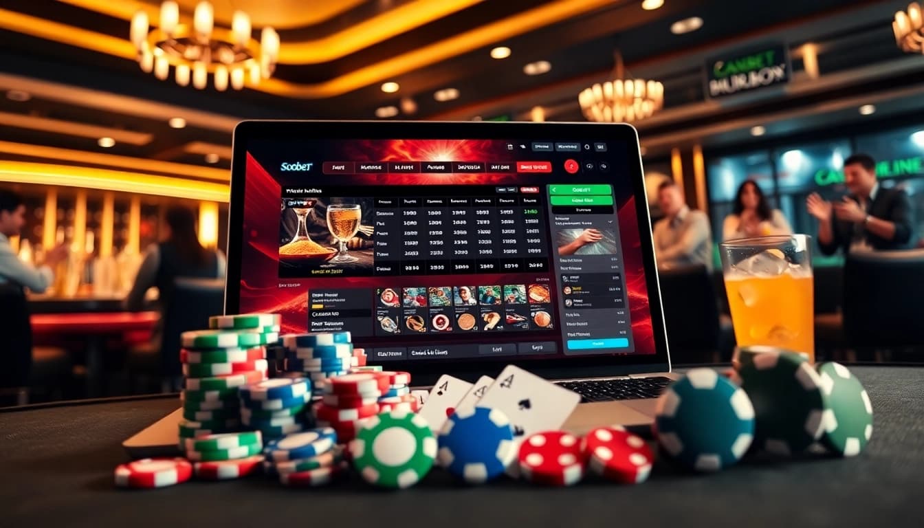 Sbobet link login displayed on a sleek laptop amidst colorful casino elements, inviting gamblers.