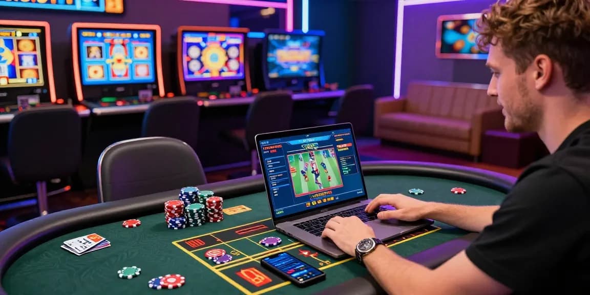 Exciting gaming experience at credit card casinos in the UK, featuring enthusiastic player with laptop, credit cards, and vibrant casino atmosphere.