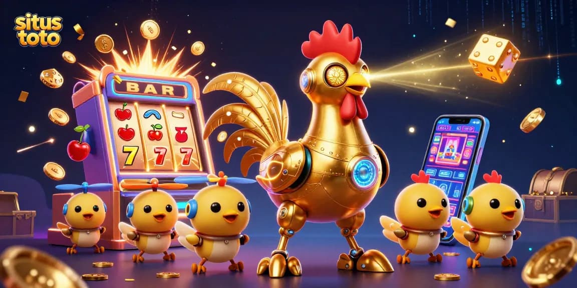 Situs toto showcases a dynamic scene with a golden rooster robot amidst slot machines and gaming excitement.
