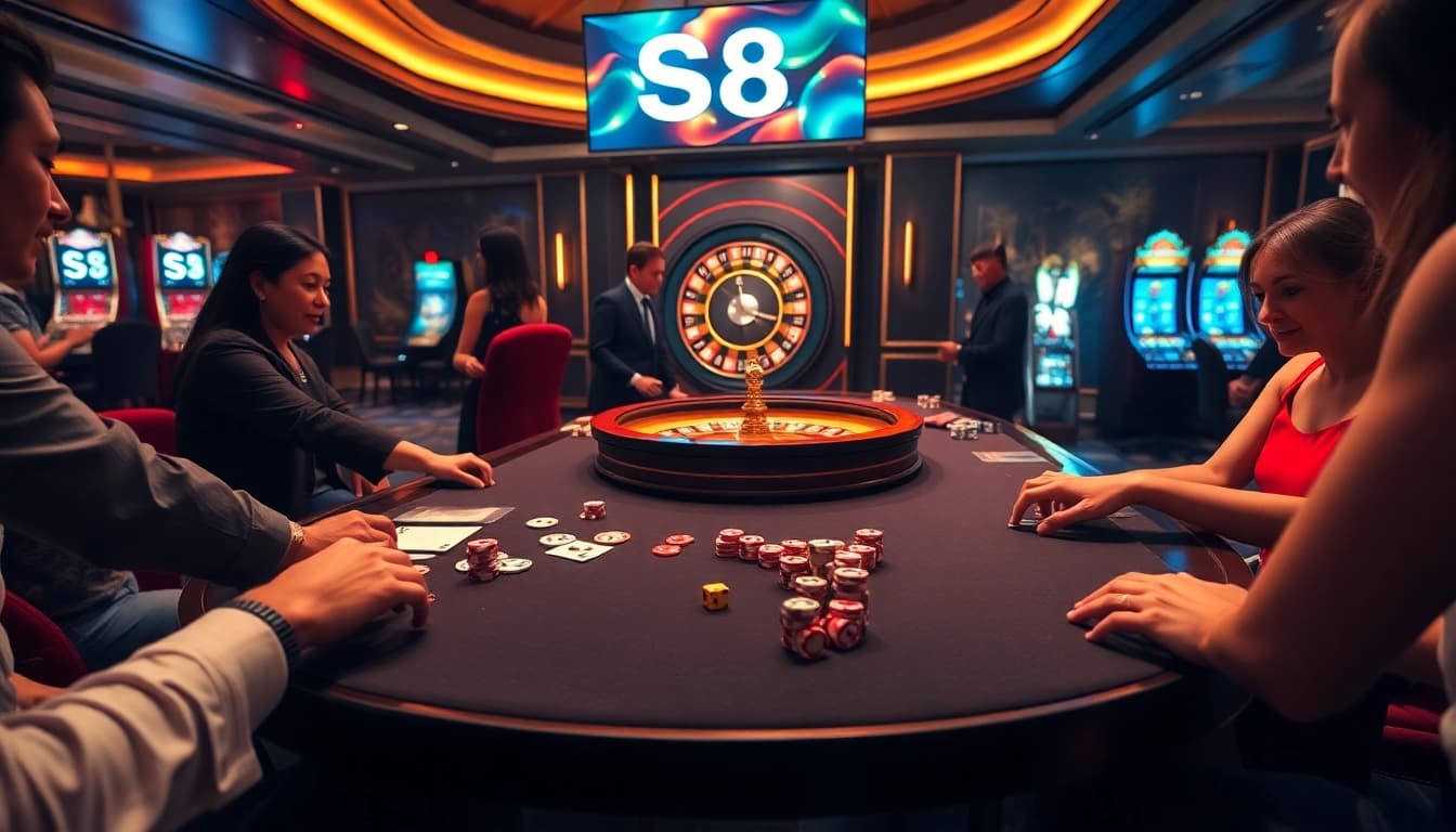 Experience thrilling gaming at S8 casino with poker chips, cards, and a roulette wheel in action.
