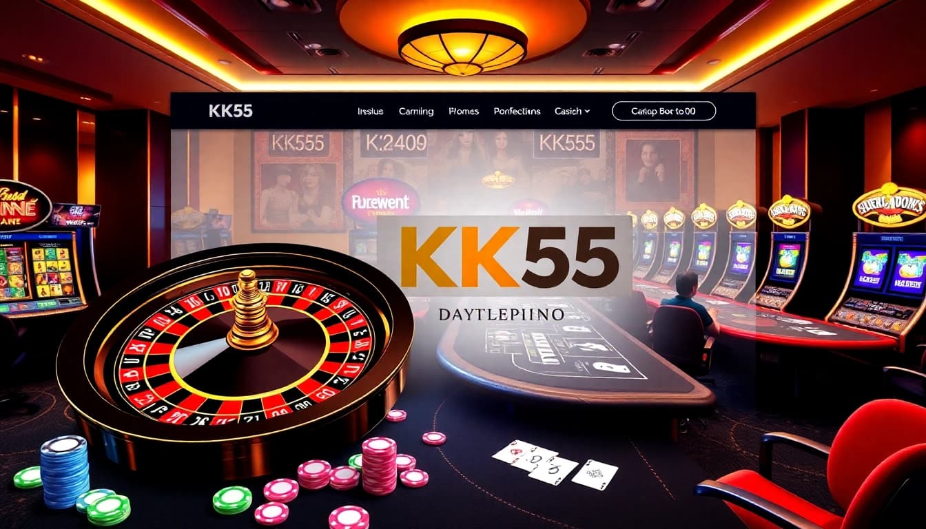 Engaging players on trang chủ KK55 with vibrant casino scenes featuring roulette and poker tables.