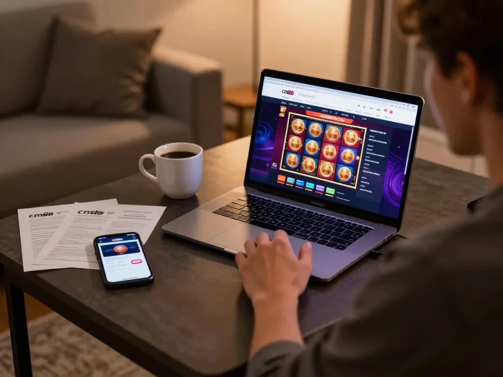 Engaged player exploring cm88 online casino games from a cozy home office.