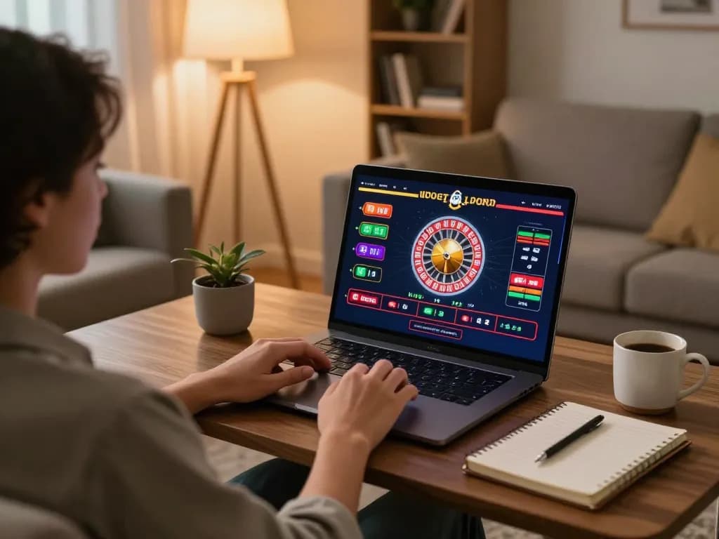 Player enjoying online casino gaming on link jun88 in a cozy living room with strategic notes.