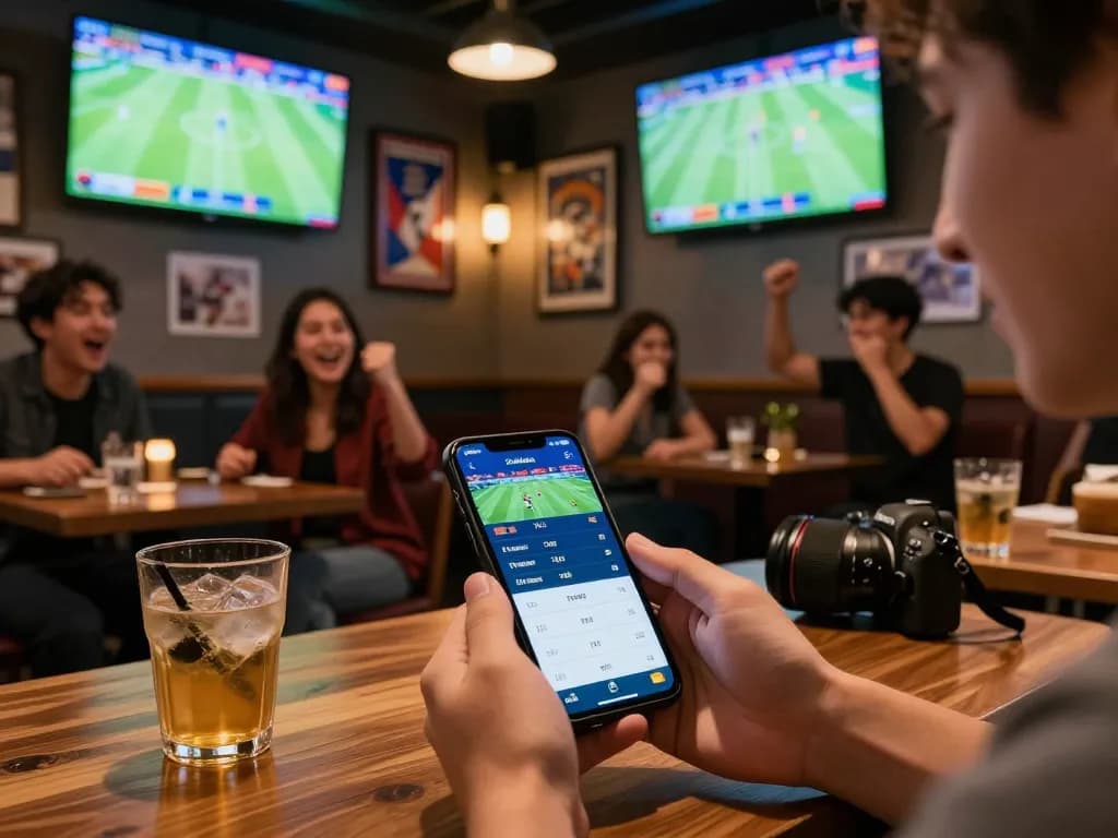 Engaging in 7meter Judi Bola betting action at a sports bar with friends.