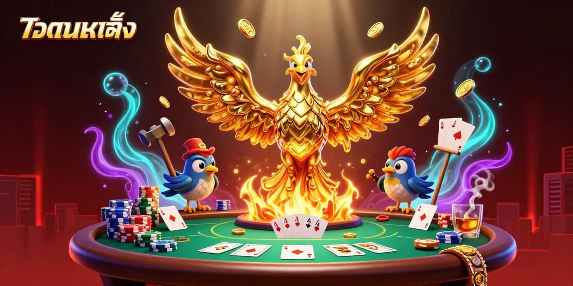 Engage in แทงบอลเต็ง with a stunning golden phoenix illustration, casting coins and vibrant poker elements around.