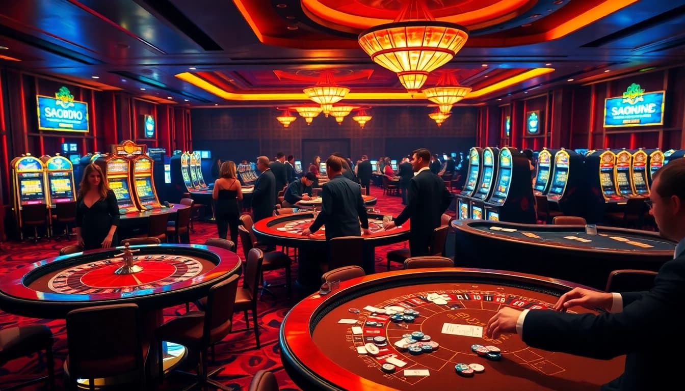 Experience the thrill of gambling at the luxurious SODO casino, featuring roulette tables, poker action, and vibrant ambiance.