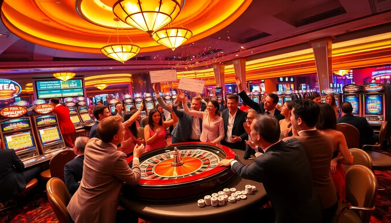 Celebrating the explosion of a prize-winning lottery at a luxurious casino with vibrant gaming activities.