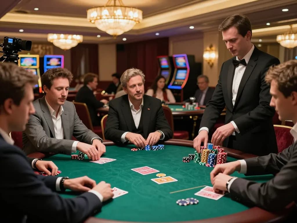 Players engage in a thrilling poker game at U888's luxurious casino setting, showcasing excitement and strategy.