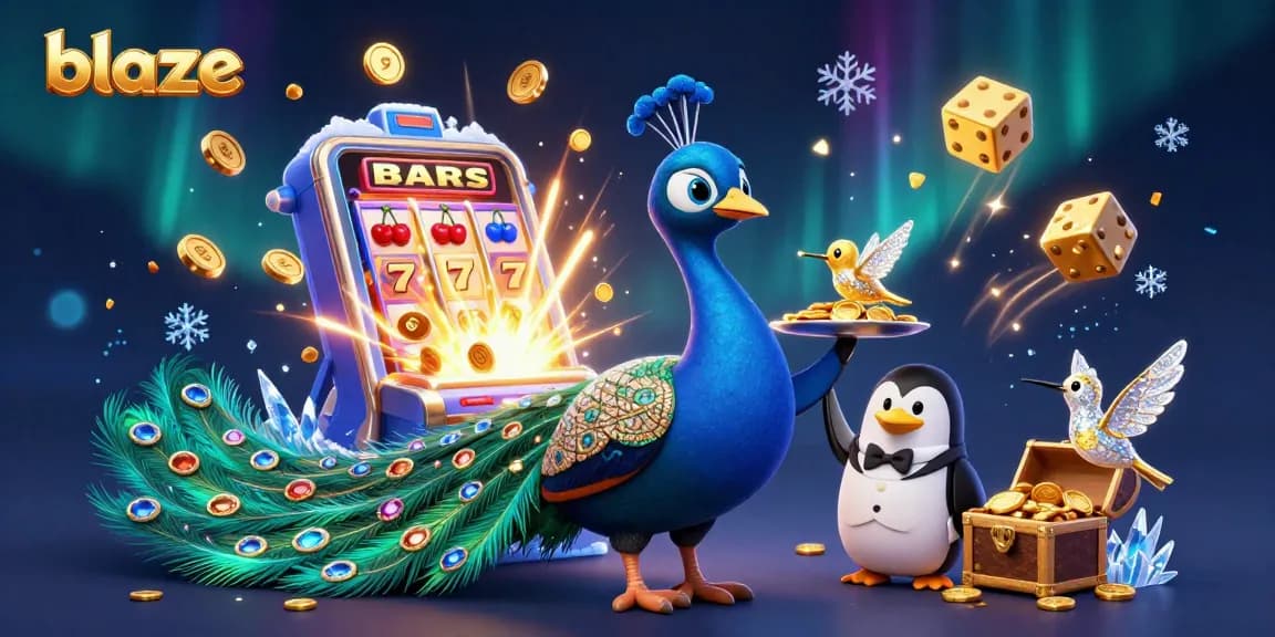 Experience the vibrant casino world with blaze, featuring a peacock, penguin, and hummingbird amidst exciting gaming elements.