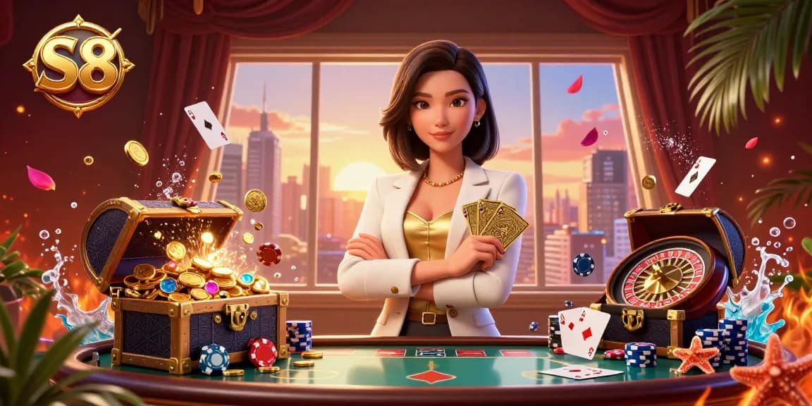 S8 casino scene featuring an elegant Asian woman holding cards, with dynamic gaming elements and vibrant visuals