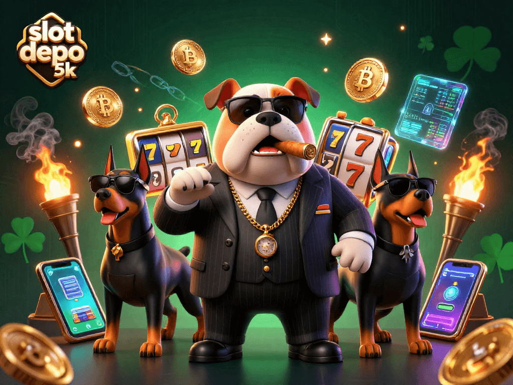Experience the excitement of slot depo 5k with a vibrant 3D casino scene featuring a mafia bulldog and Doberman guards.