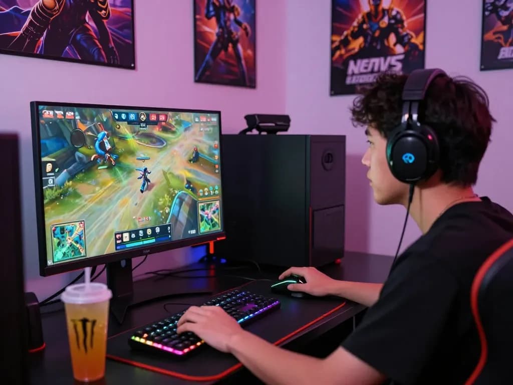 Player engaged in a thrilling competitive match at https://qnk88.com/ with immersive gaming setup.