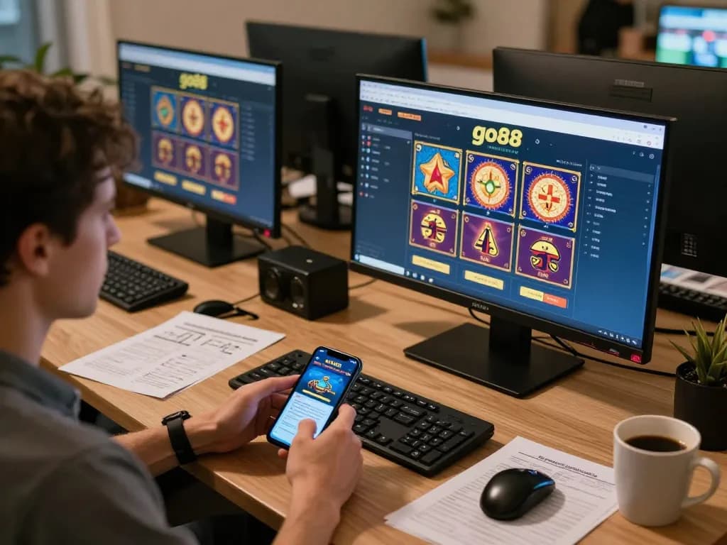 Player engaging with go88's casino app on smartphone in a stylish home gaming setup, showcasing online gambling.