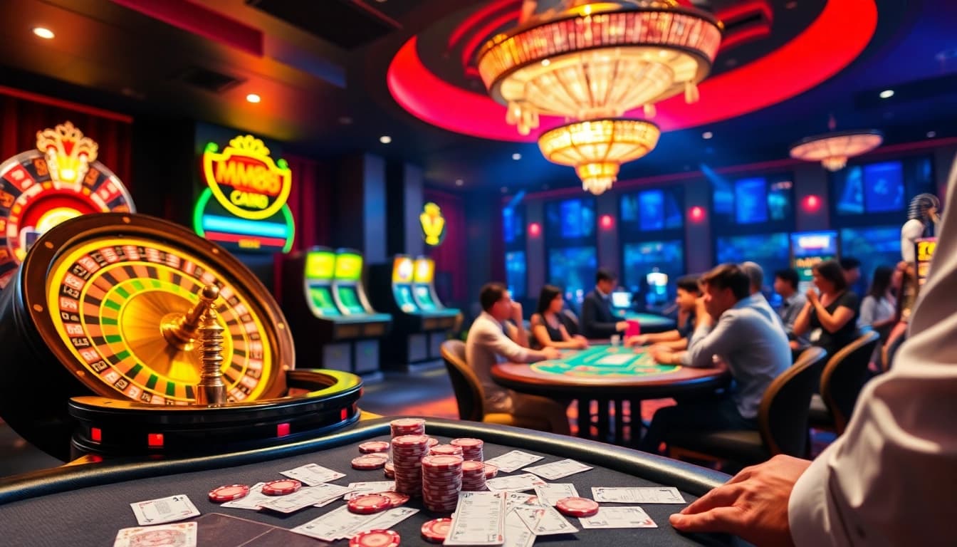 Experience the excitement of online gambling at MM88 with engaging casino scenes of roulette and poker.