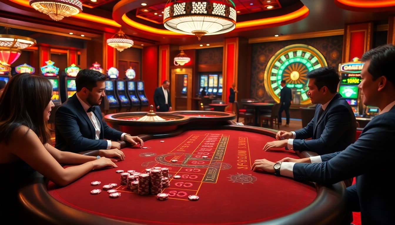 Experience the thrilling baccarat game at qh88's luxurious casino with engaging players and vibrant decor.