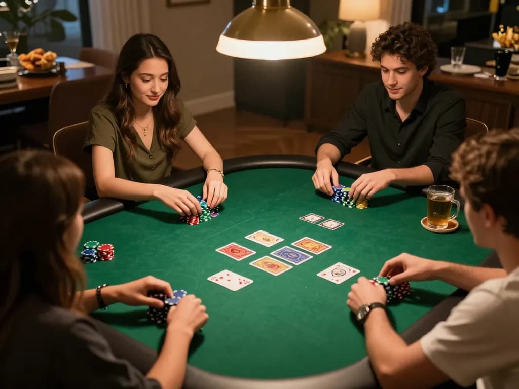 UU88 players enjoying a lively poker game at home, focusing on strategic hands and colorful chips.
