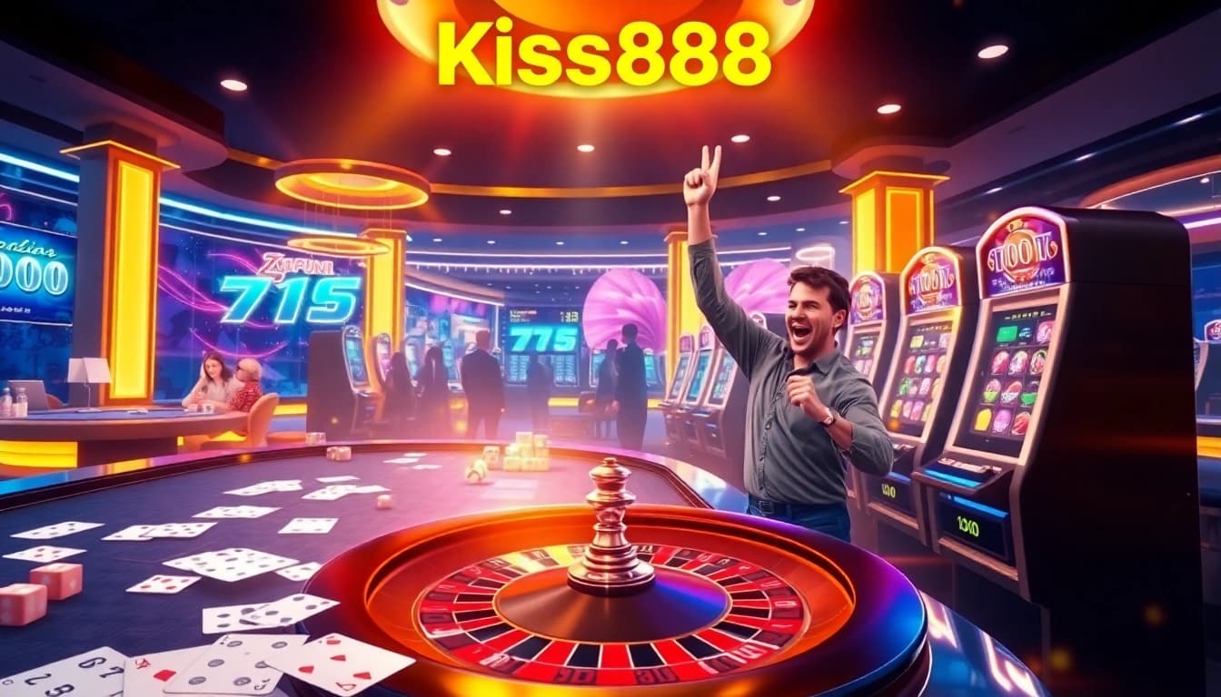 Kiss888 slot machine excitement with vibrant graphics and dynamic casino scene
