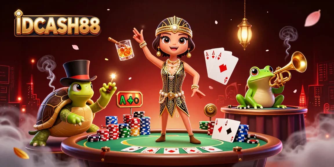 Play interactive games with IDCASH88 at a lively casino atmosphere featuring vibrant cartoon characters.