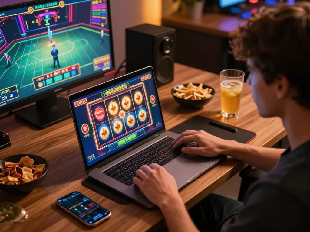 Player engaging in online slot game while using inkingrey for strategic betting, enjoying a cozy environment.