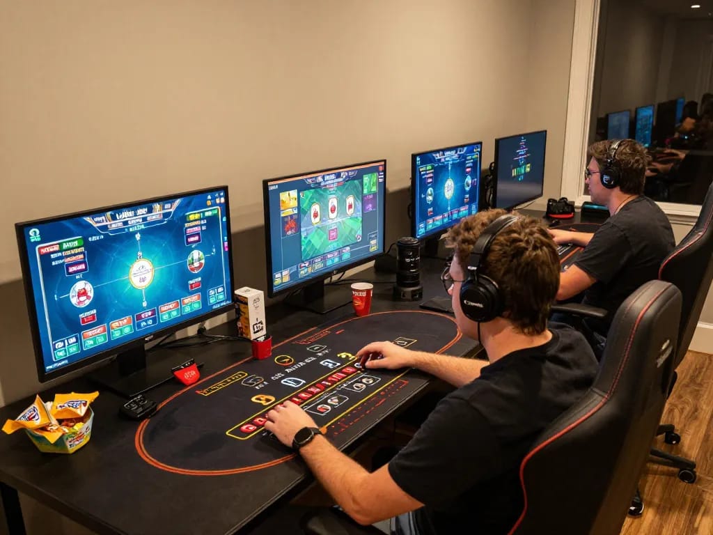 Engaging in togel online gameplay on multiple screens, showcasing real-time betting excitement