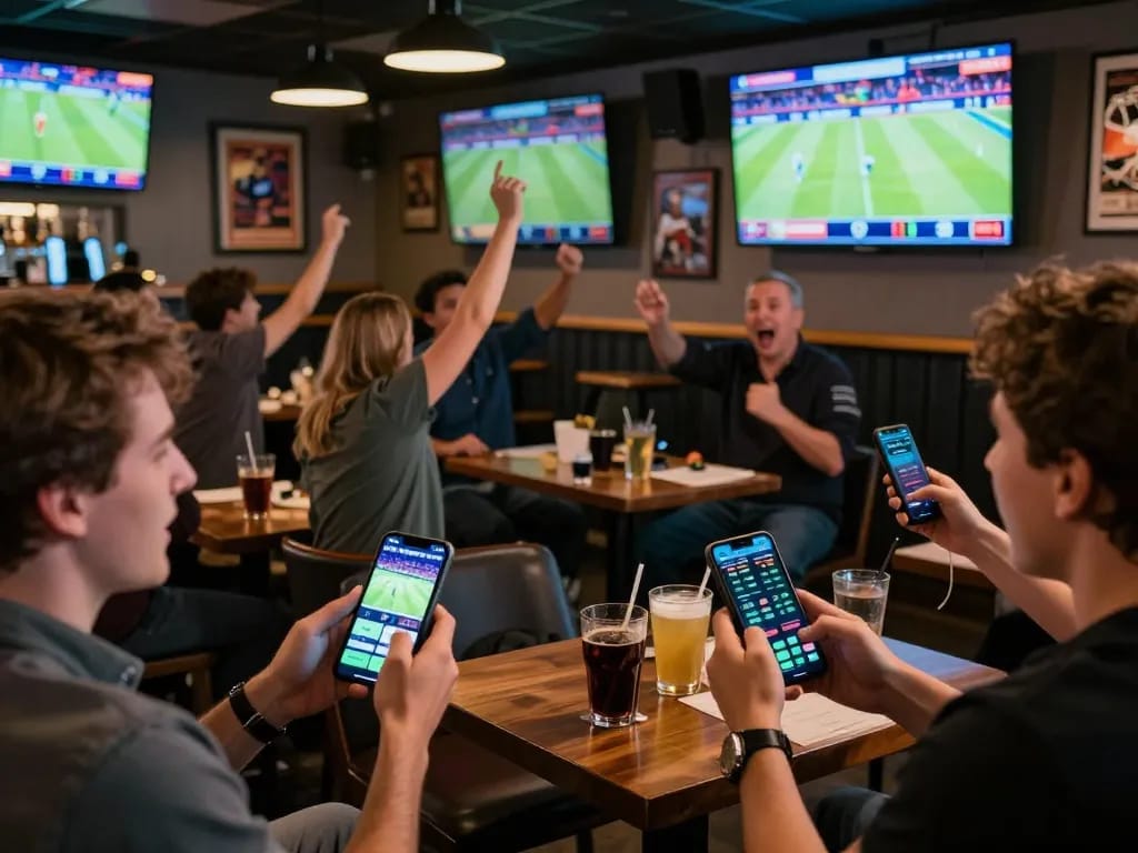 Engaged sports fans using mposport app for live betting during a thrilling game.
