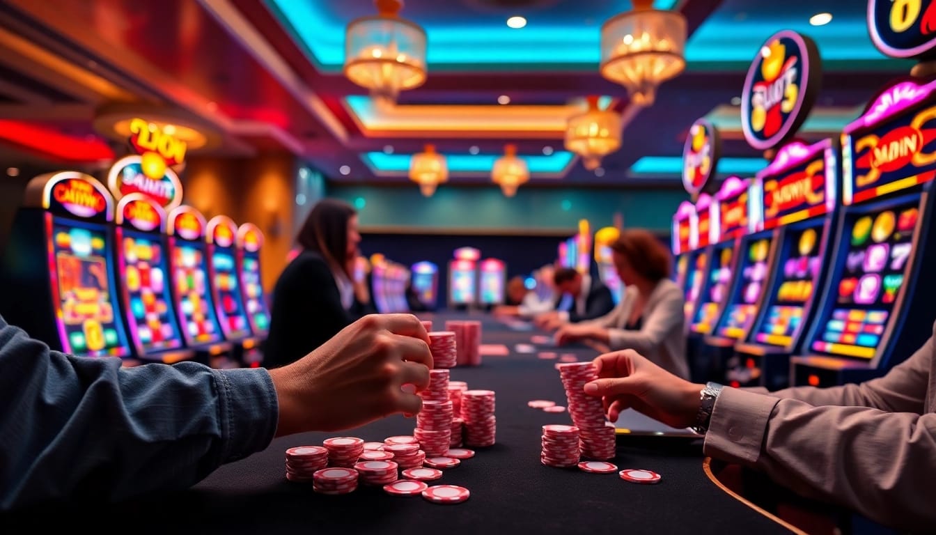 Rasakan aksi slot gacor maxwin di kasino yang meriah dengan pemain dan mesin slot berwarna-warni.