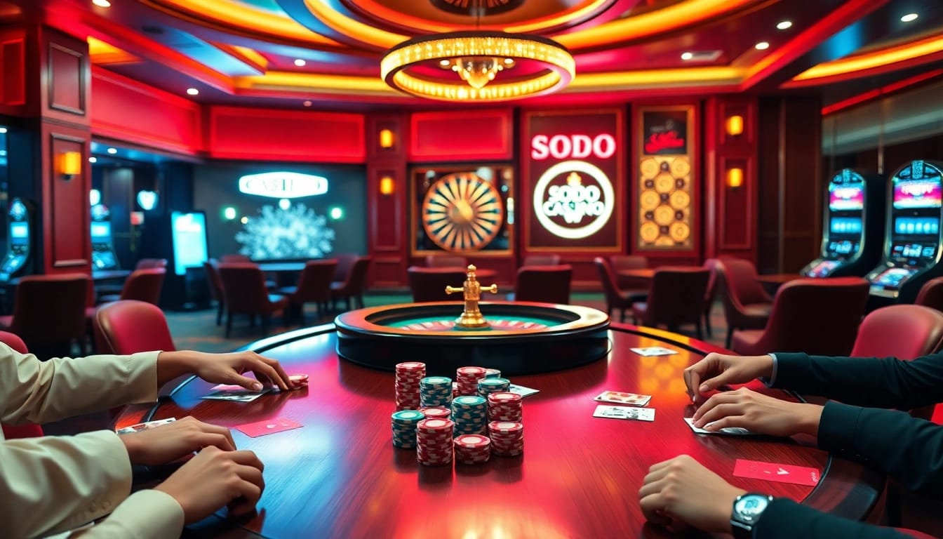SODO Casino vibrant interior with poker players, roulette wheel, and elegant ambiance.