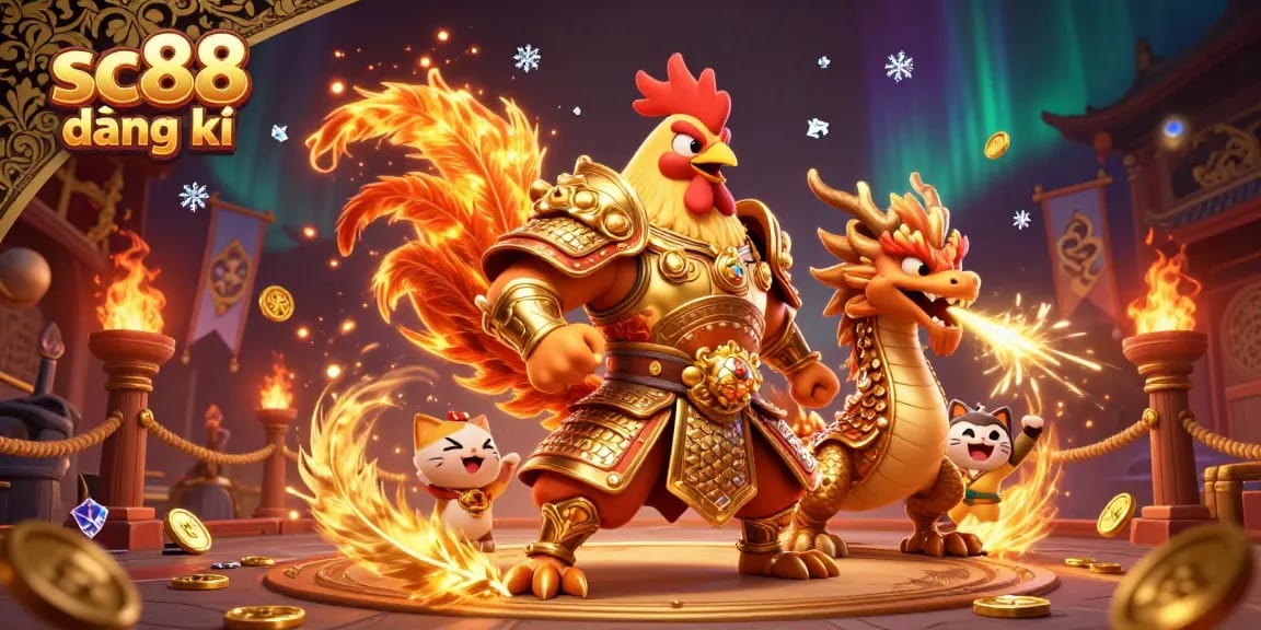 Engage in thrilling gameplay with sc88 đăng ký, featuring a cartoon rooster warrior and dragon in an epic casino setting.