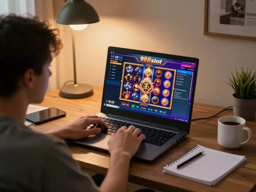 Engage with thrilling 988slot gameplay on a modern laptop in a cozy home setup.