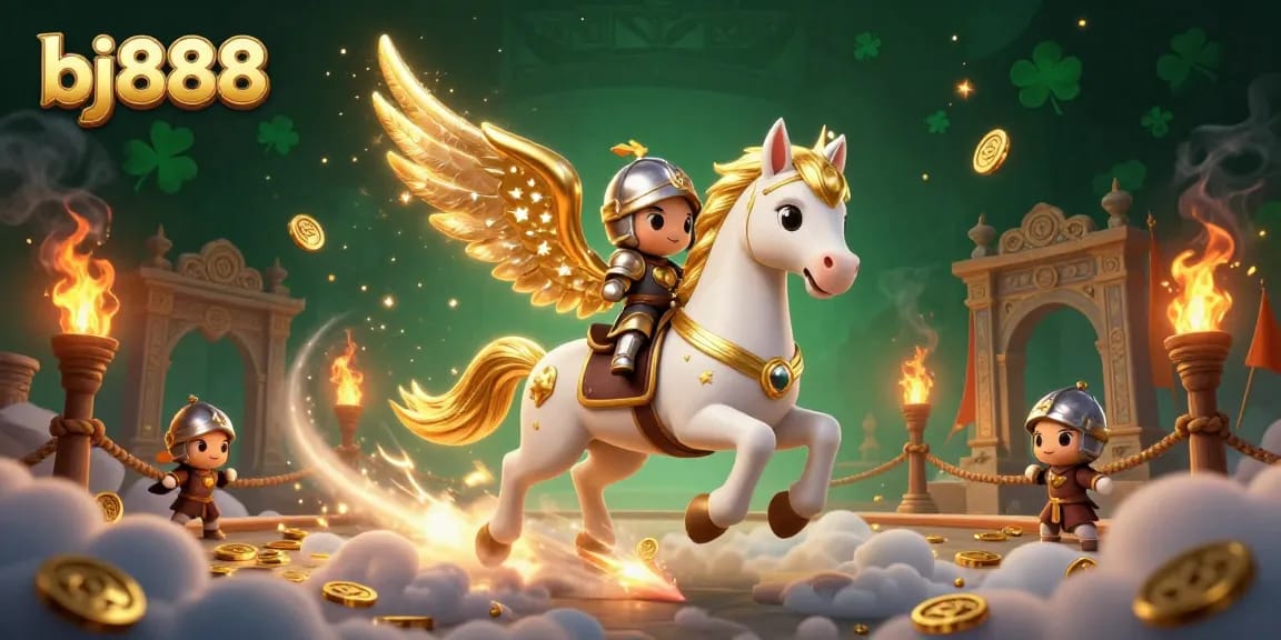 Experience thrilling moments with bj888's celestial knight racing through a vibrant casino landscape.