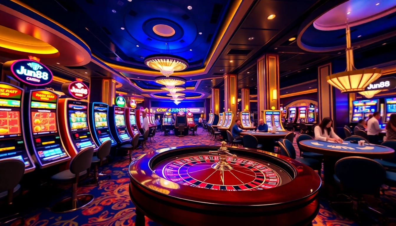 Experience high-stakes gaming at Jun88, featuring lively casino tables and vibrant slot machines.