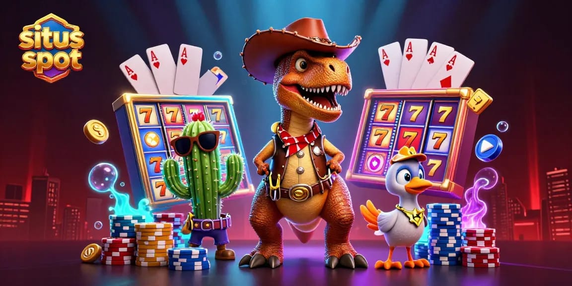 Spin the reels of situs slot as the T-Rex cowboy and friends celebrate jackpot wins.