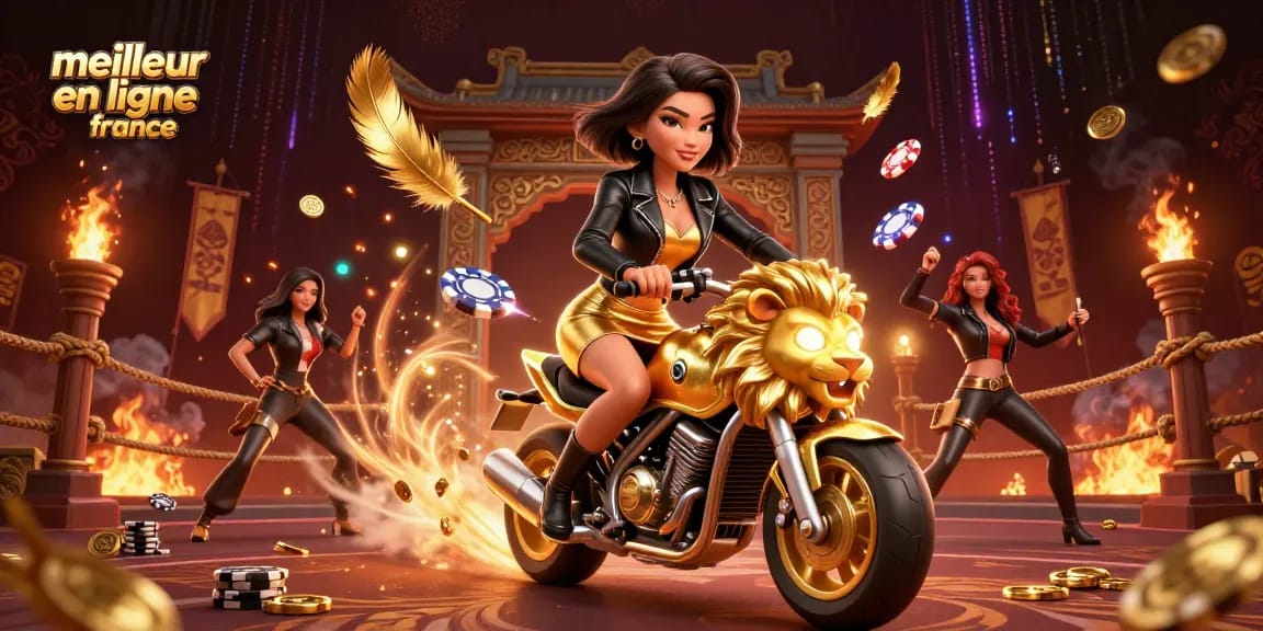 Vivez l'excitation au meilleur casino en ligne france avec une femme glamour montant un lion doré au milieu d'éléments de casino dynamiques.