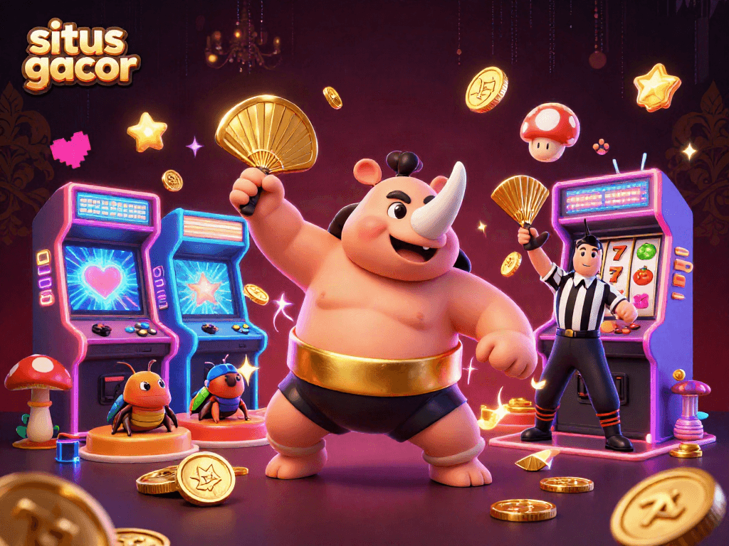 Experience the thrill of situs gacor with vibrant characters and casino elements in a lively digital illustration.
