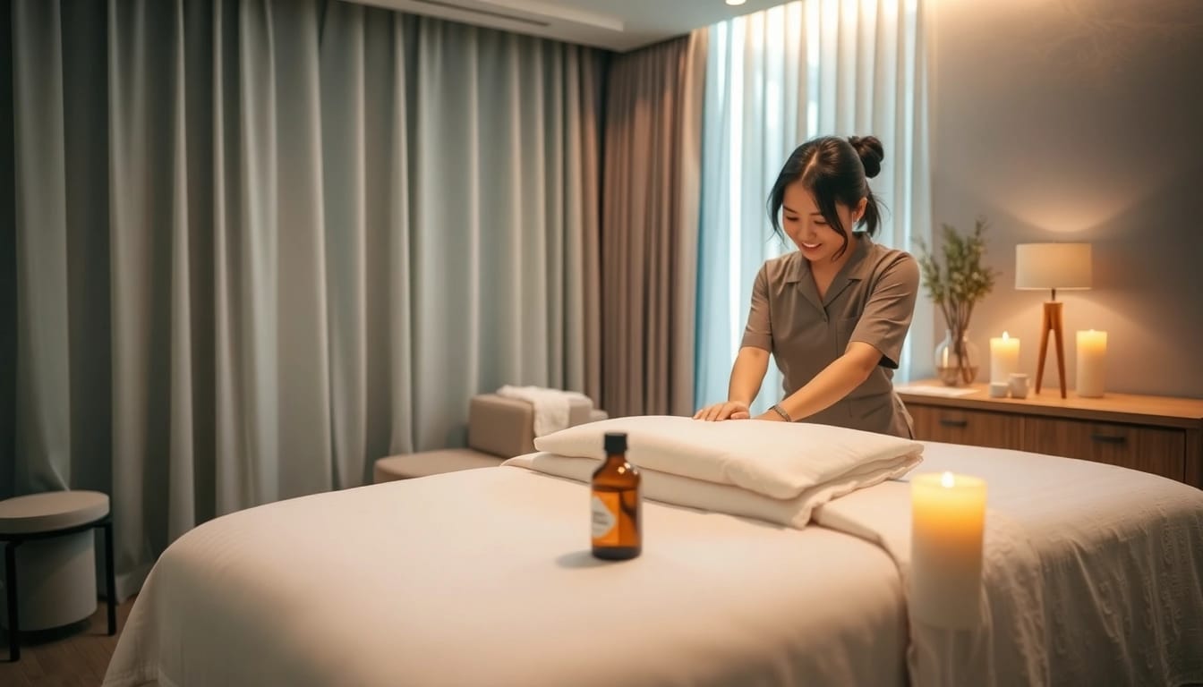 Peaceful setting for 평택출장마사지, showcasing a mobile massage setup in a hotel room with a professional therapist.