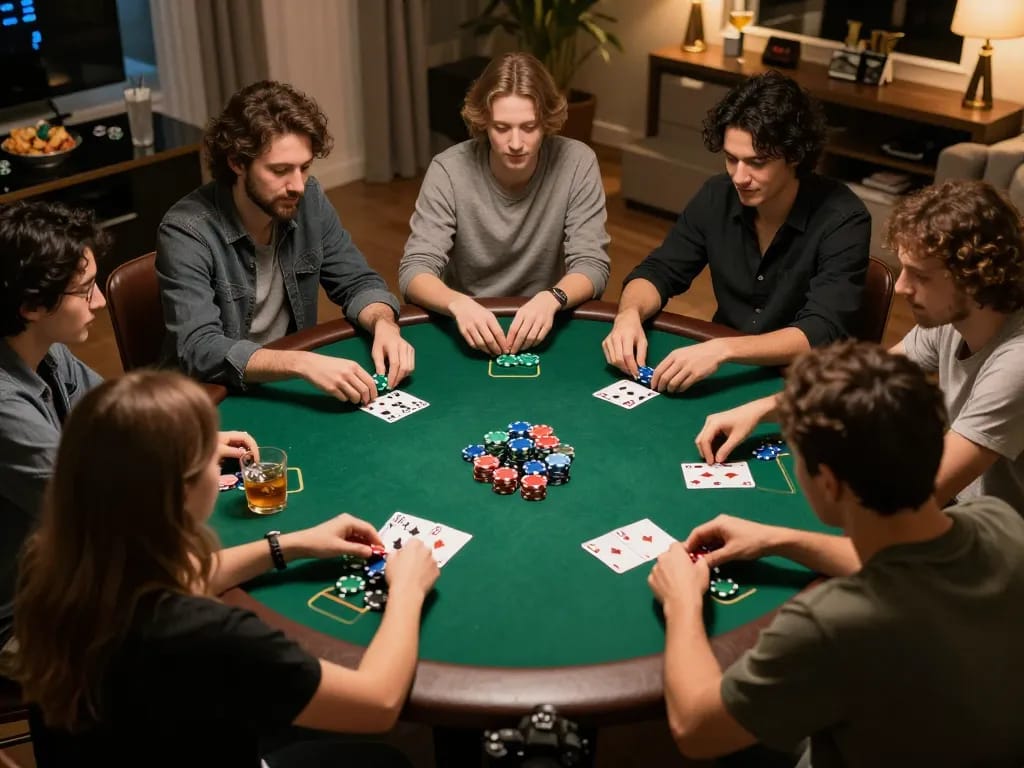 A cozy home poker night with friends enjoying 789club, colorful chips and casual atmosphere.