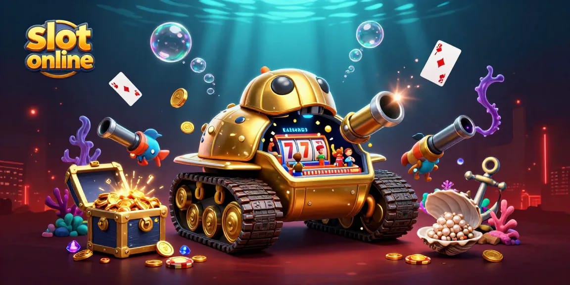Experience thrilling slot online action with a golden beetle tank casino bursting with gold coins and vibrant characters.