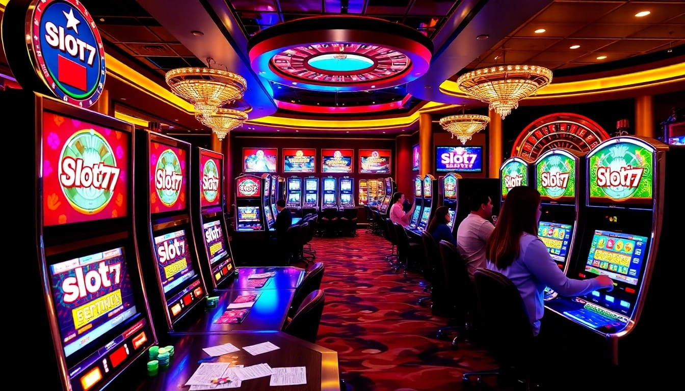 Players enjoying slot777 machines in a vibrant casino atmosphere full of excitement and luxury.