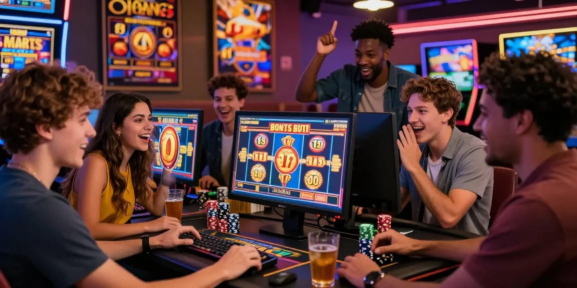 Diverse friends excitedly playing bonus buy slots at an online casino, showcasing vibrant graphics and lively atmosphere.