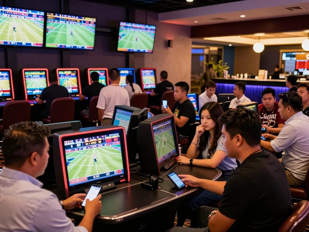 UU88 bettors engaging with live sports betting screens, excitedly placing wagers in a vibrant casino atmosphere.
