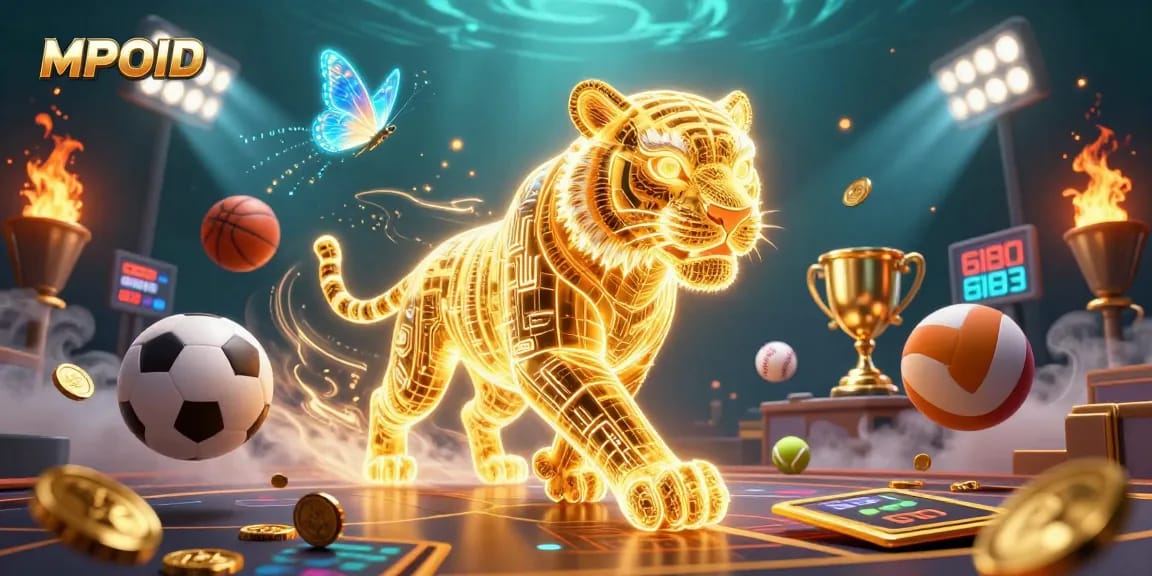 MPOID brings exhilarating gaming experiences with a golden tiger and dynamic sports elements in a vibrant casino.