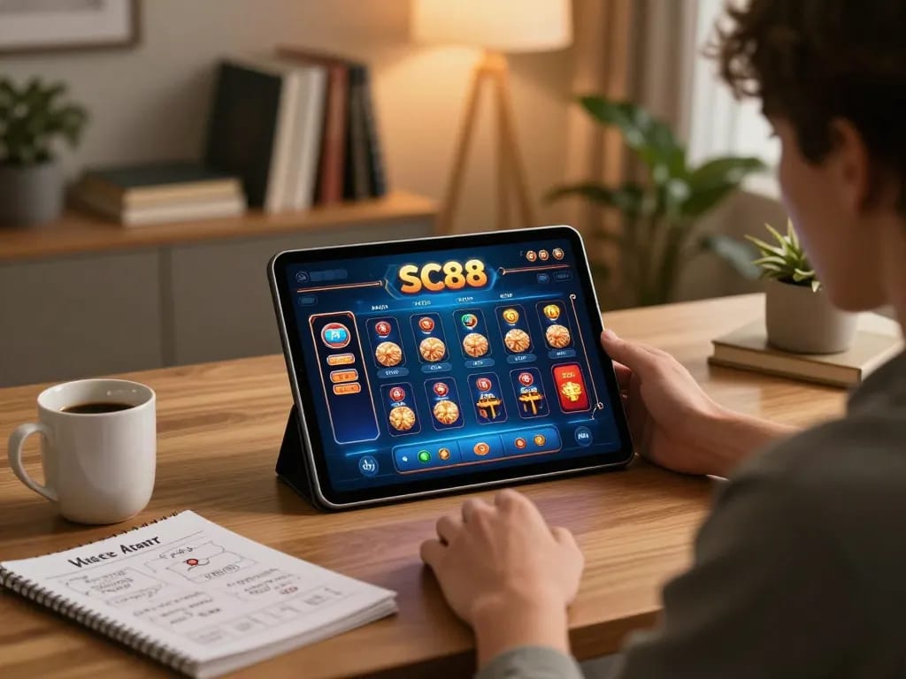 Enjoying SC88 online gaming experience at home with strategic notes and tablet