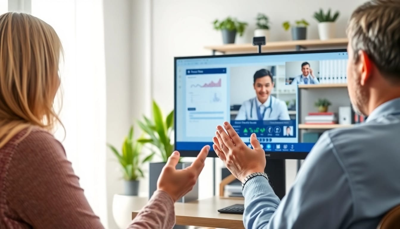 Engaging low cost telemedicine consultation between a doctor and a patient via video call in a cozy office setting.
