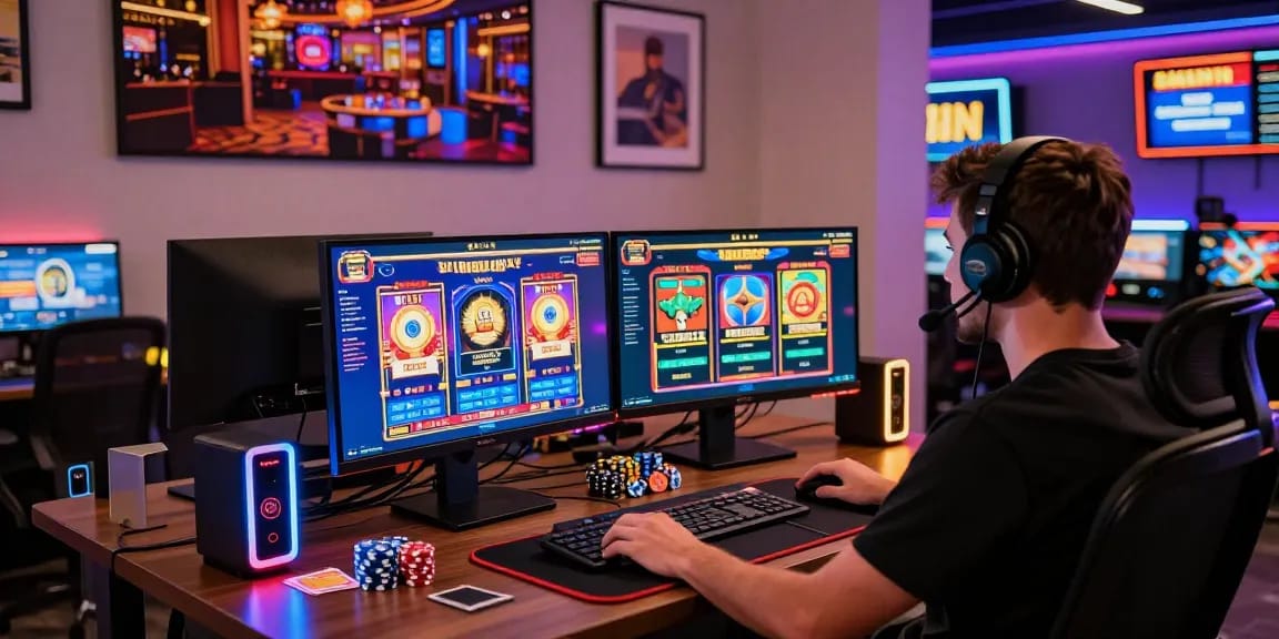 Online gaming enthusiast immersed in vibrant gameplay at https://ibn.org.uk, showcasing casino games and promotions in a modern home office.